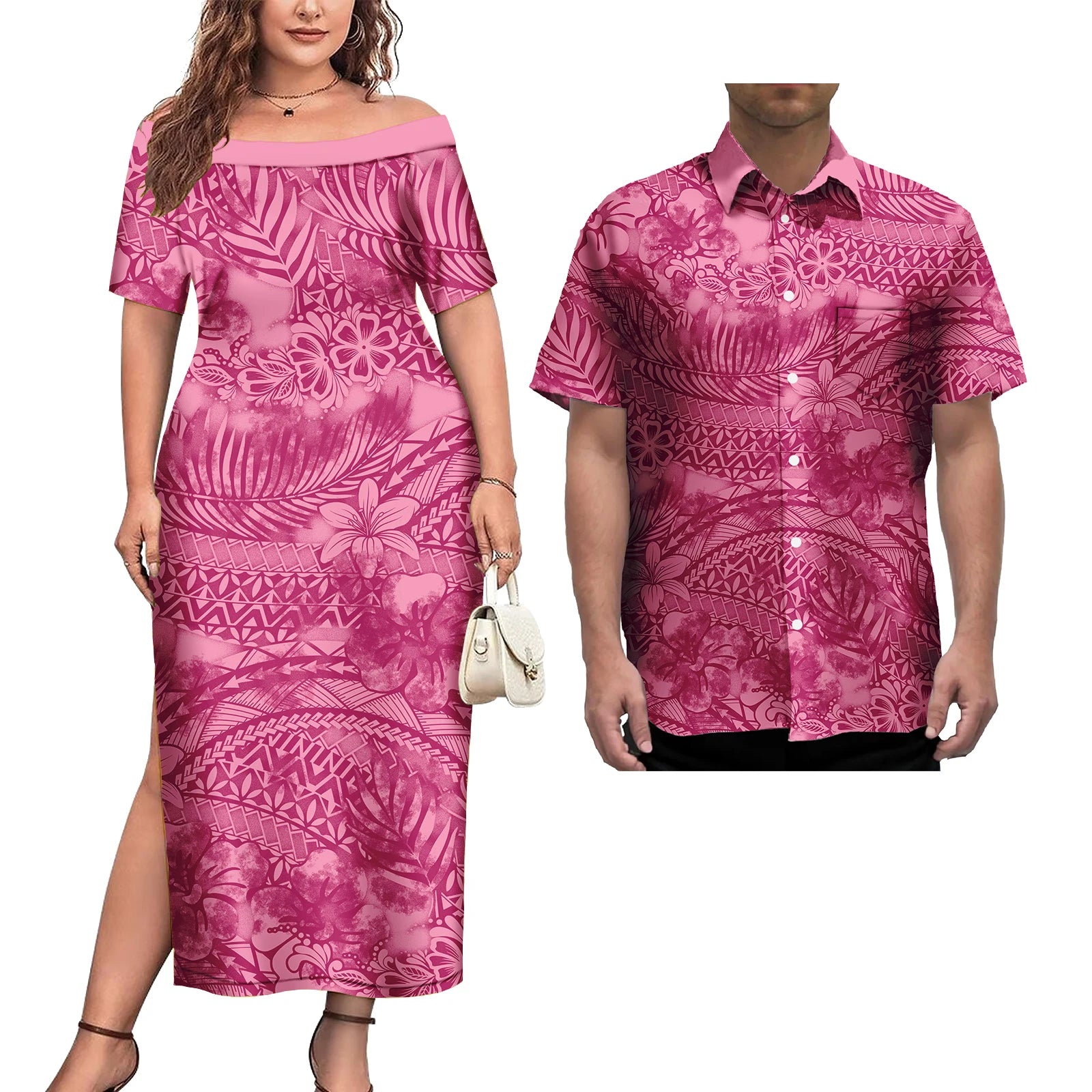 Couple Outfit 2Pcs Sets Ladies Evening Dresses Polynesian Pattern Design Classic Mens Hawaiian Shirts Match Women Plus Size Dres