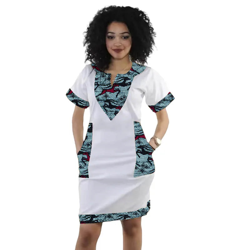 Summer African Couture V-neck Dress Tailor Patchwork Design Short Sleeve Women's Ankara Outfit Traditional Print Frock