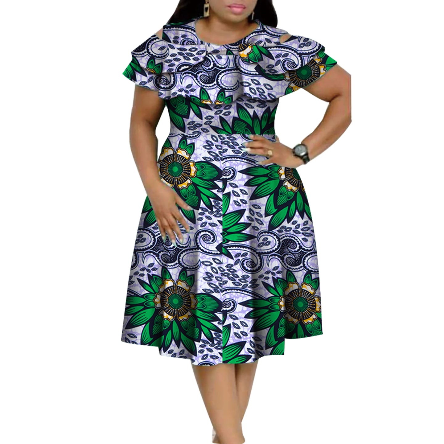 New Bazin Riche African Ruffles Collar Dresses for Women Dashiki Print Pearls Dresses Vestidos Women African Clothing WY4401