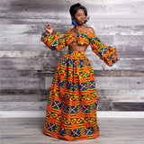 African Dresses for Women Autumn 2-piece Set Lady Full Sleeve Shoulder Off Festher Dashiki Print Split Skirts Africna Clothes