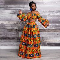 African Dresses for Women Autumn 2-piece Set Lady Full Sleeve Shoulder Off Festher Dashiki Print Split Skirts Africna Clothes