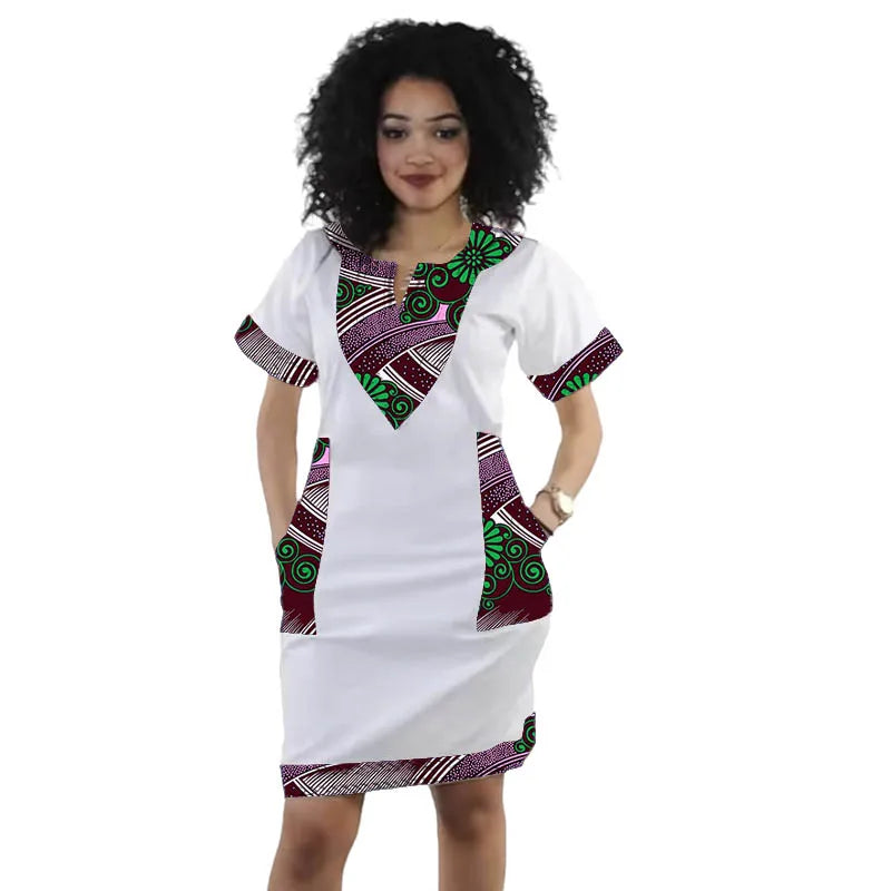 Summer African Couture V-neck Dress Tailor Patchwork Design Short Sleeve Women's Ankara Outfit Traditional Print Frock