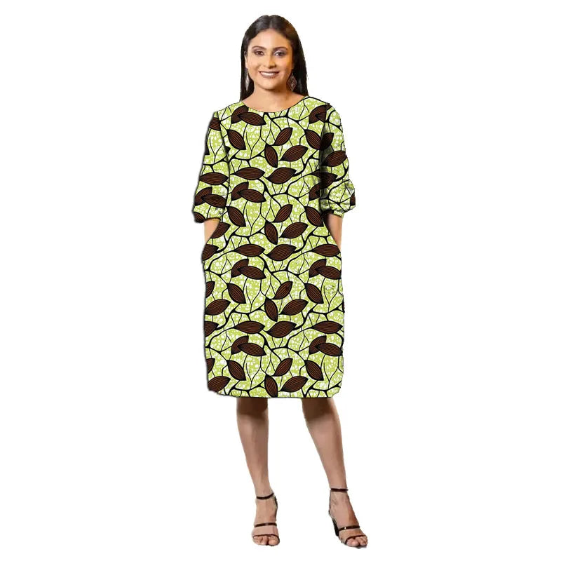 African Fashion Collarless Dress Half Sleeve Design Tailor Made Women's Frock Ankara Style Colorful Print Female Wedding Wear