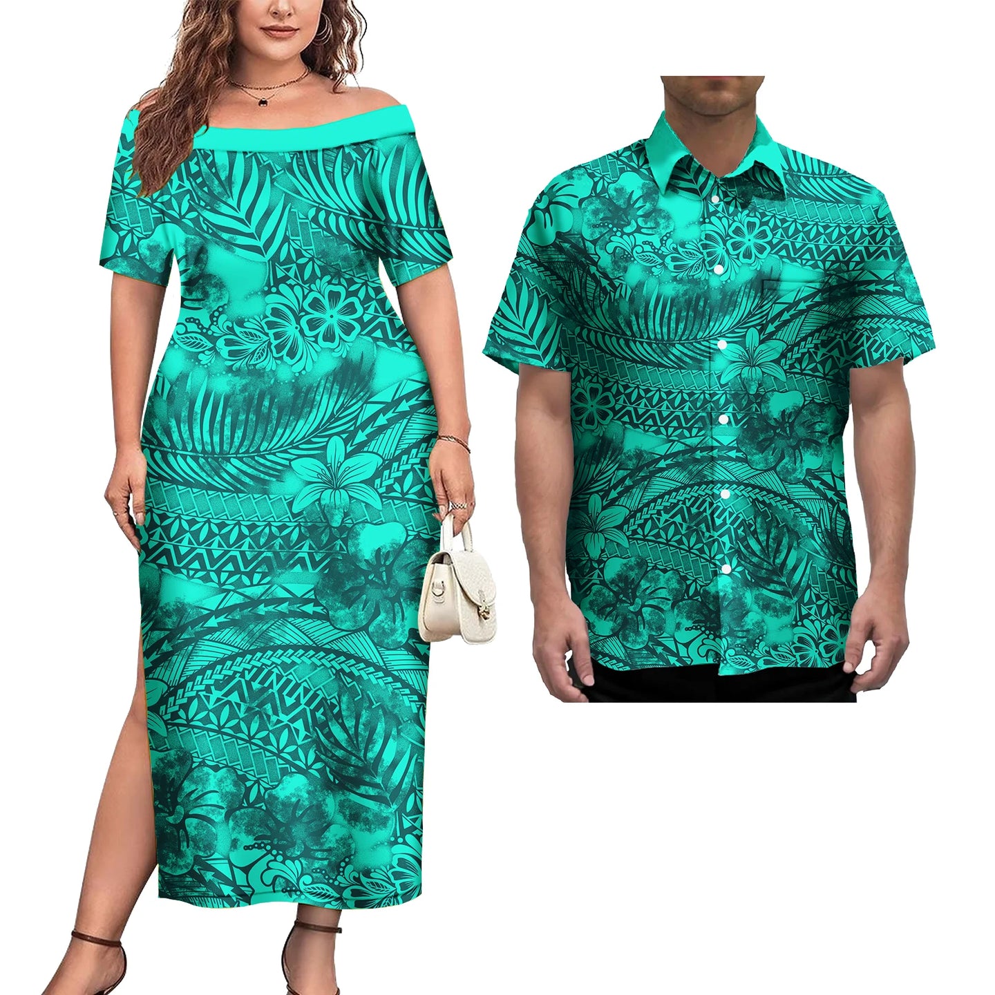 Couple Outfit 2Pcs Sets Ladies Evening Dresses Polynesian Pattern Design Classic Mens Hawaiian Shirts Match Women Plus Size Dres