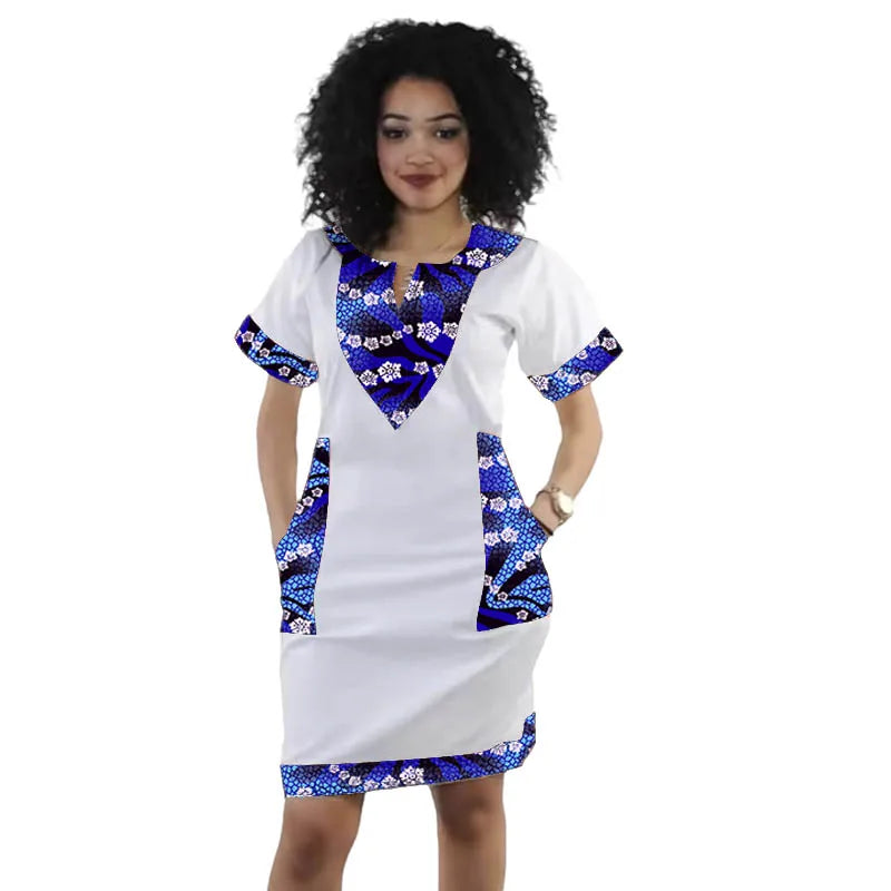 Summer African Couture V-neck Dress Tailor Patchwork Design Short Sleeve Women's Ankara Outfit Traditional Print Frock
