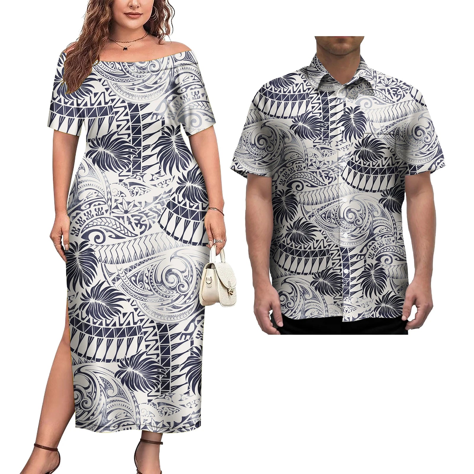 Couple Outfit 2Pcs Sets Ladies Evening Dresses Polynesian Pattern Design Classic Mens Hawaiian Shirts Match Women Plus Size Dres