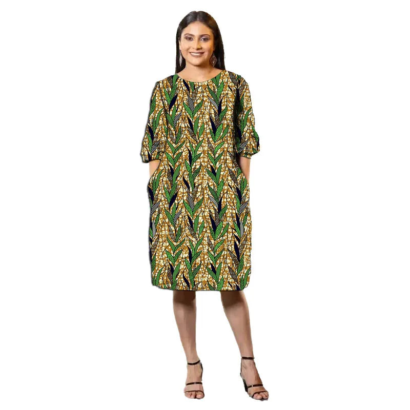 African Fashion Collarless Dress Half Sleeve Design Tailor Made Women's Frock Ankara Style Colorful Print Female Wedding Wear