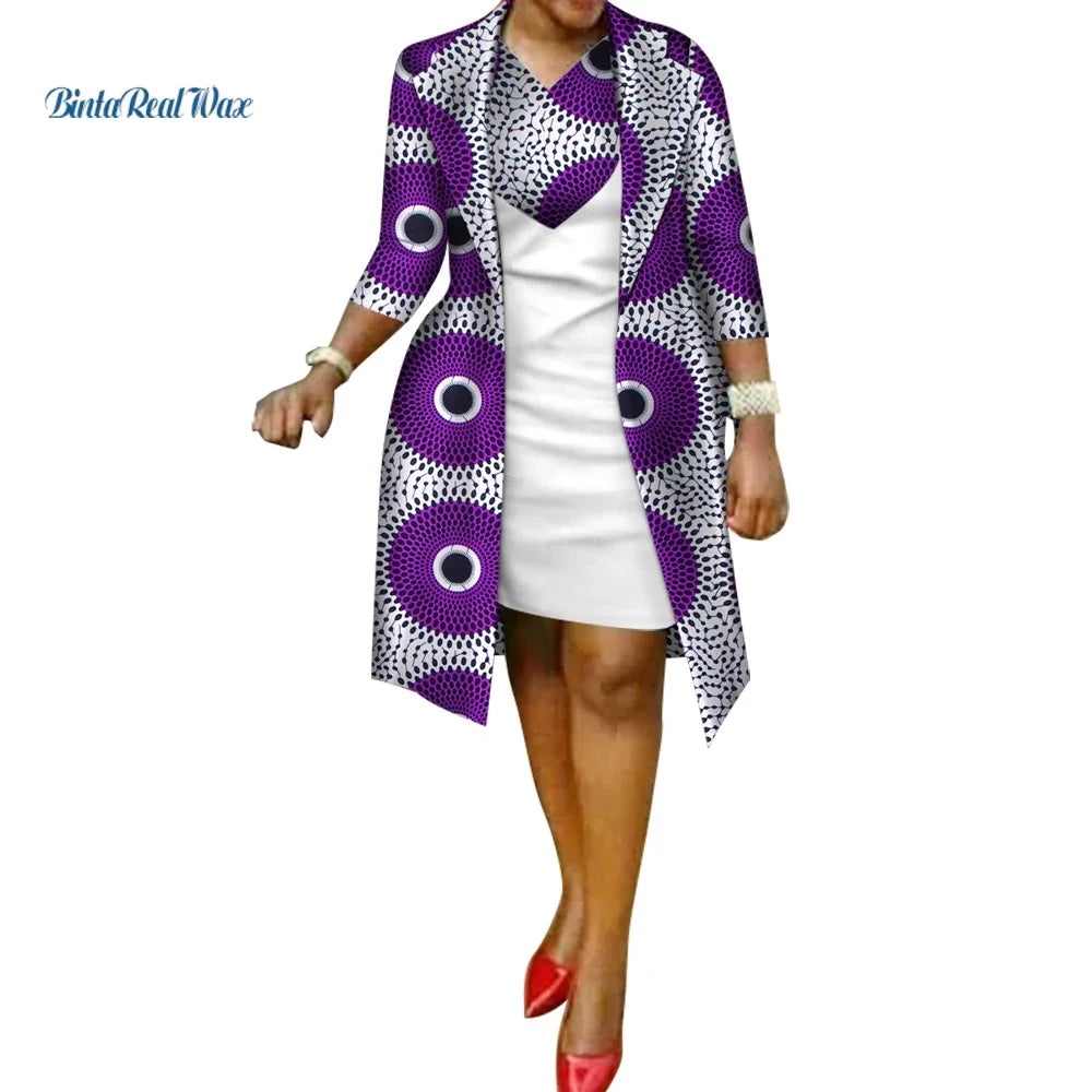 African Print Dress and Suit Coat for Women Cotton 2 Pieces Sets Traditional African Women Clothing Outwear WY586