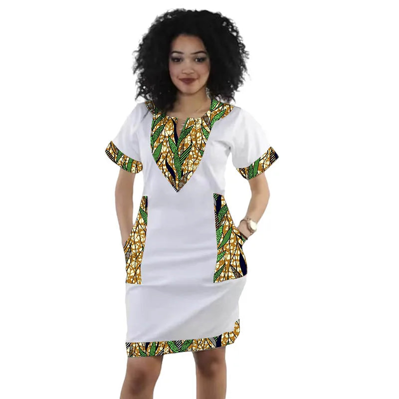 Original Design African Couture Women’s V Neck Dress Patchwork White Dresses Tailored Ankara Outfit Traditional Party Garment