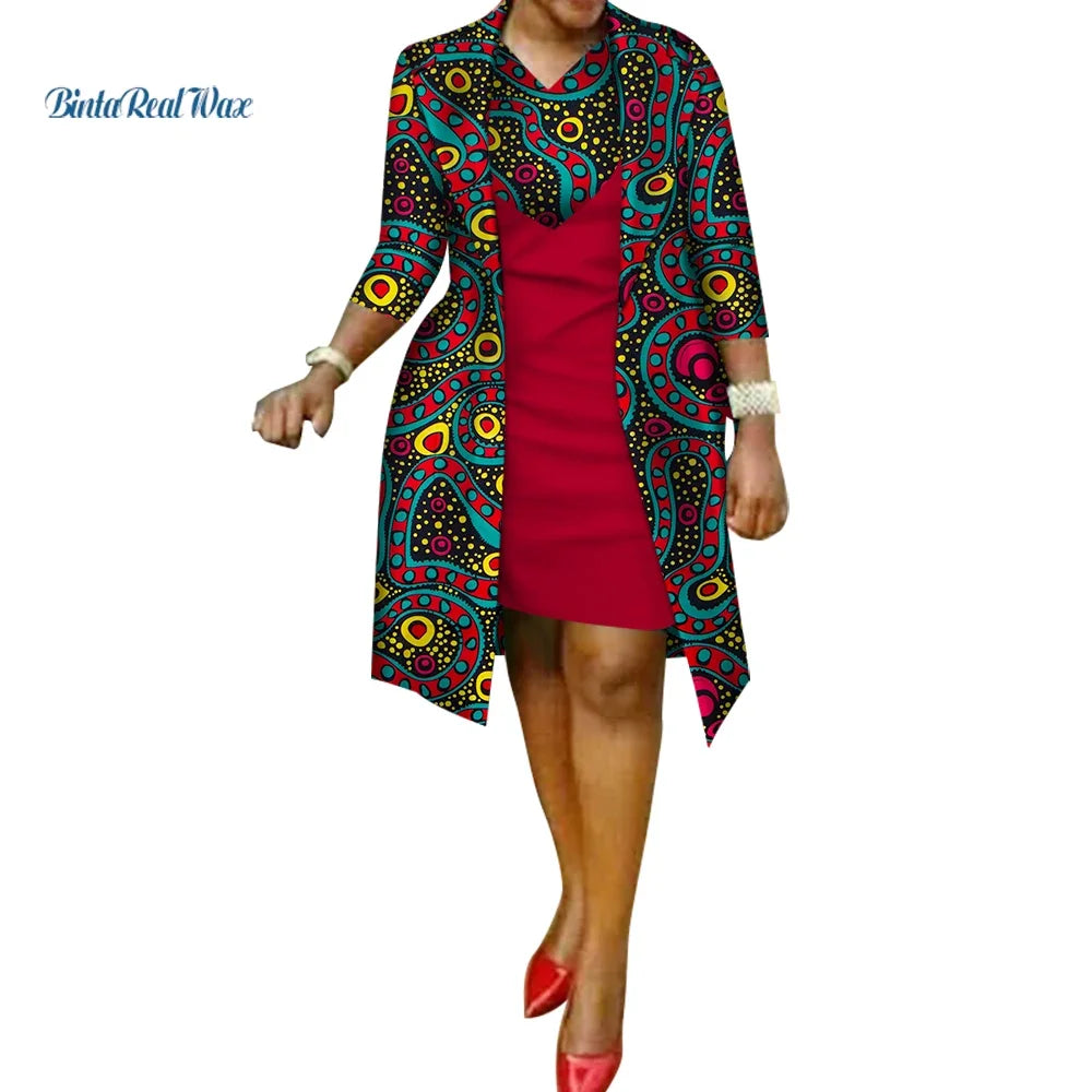 African Print Dress and Suit Coat for Women Cotton 2 Pieces Sets Traditional African Women Clothing Outwear WY586