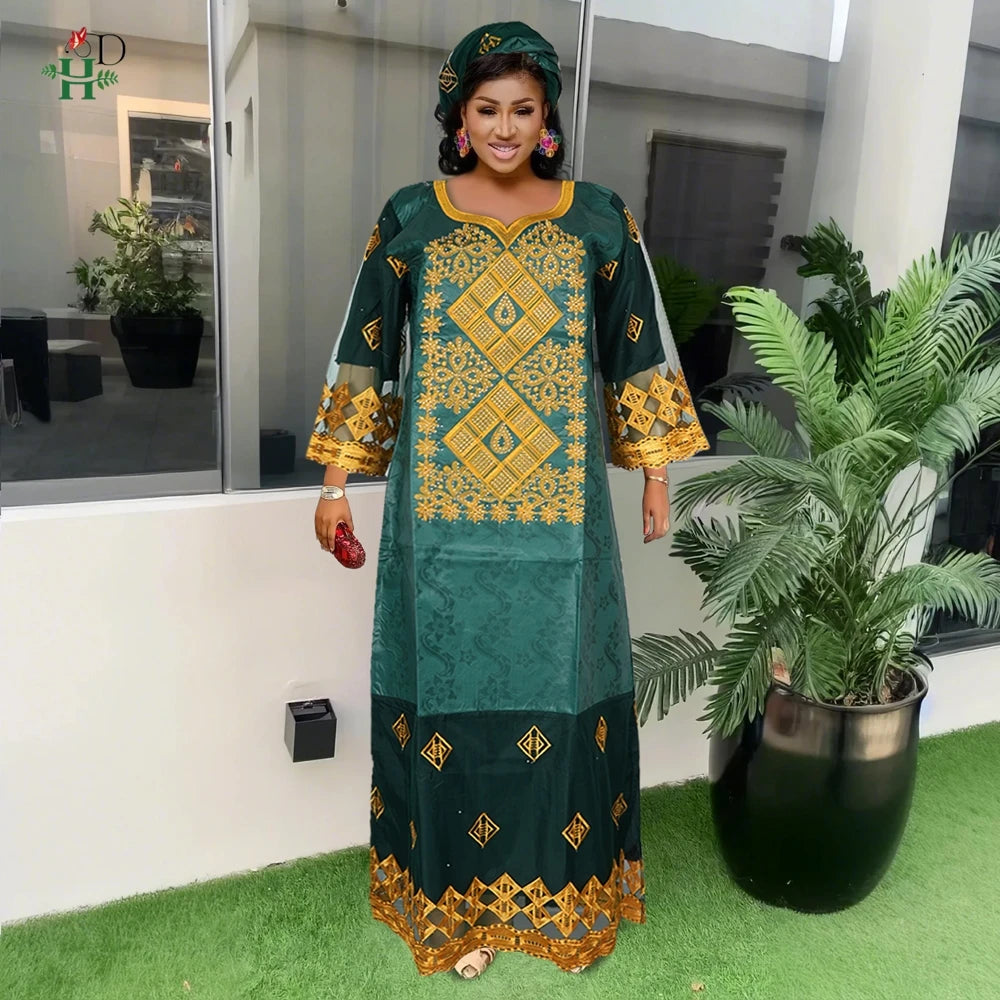 H&D African Women's Dresses Embroidery Bazin Riche Dress Plus Size Wedding Bubu Gowns Elegant Kaftan Boubou Djellaba Clothes