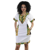 Summer African Couture V-neck Dress Tailor Patchwork Design Short Sleeve Women's Ankara Outfit Traditional Print Frock