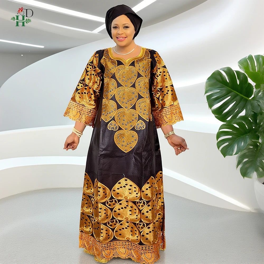 H&D African Women's Dresses Embroidery Bazin Riche Dress Plus Size Wedding Bubu Gowns Elegant Kaftan Boubou Djellaba Clothes