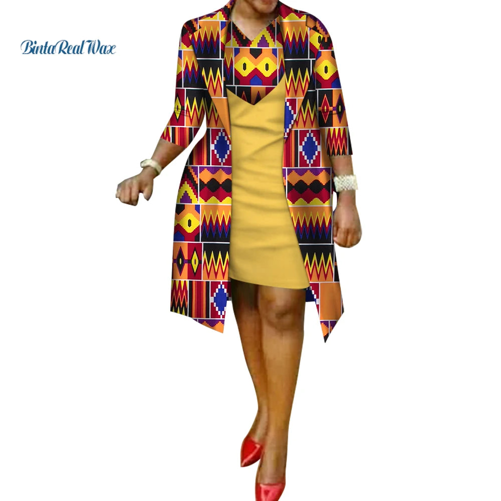 African Print Dress and Suit Coat for Women Cotton 2 Pieces Sets Traditional African Women Clothing Outwear WY586
