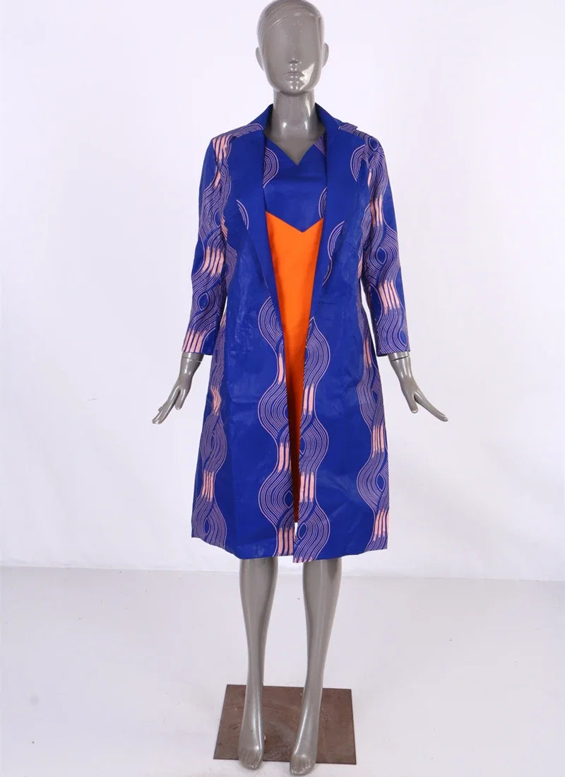 African Print Dress and Suit Coat for Women Cotton 2 Pieces Sets Traditional African Women Clothing Outwear WY586