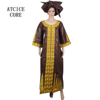 African Dresses For Woman Bazin Riche Embroidery Desing Long Dress With Scarf 2 Piece Set