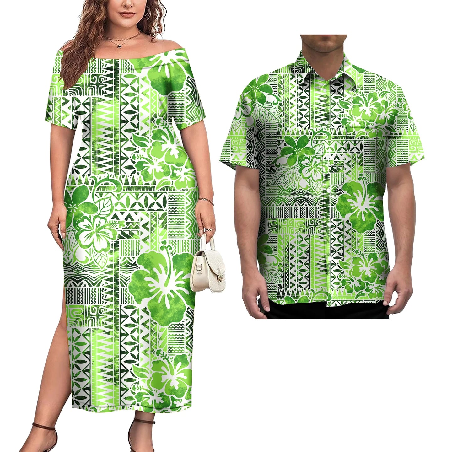 Couple Outfit 2Pcs Sets Ladies Evening Dresses Polynesian Pattern Design Classic Mens Hawaiian Shirts Match Women Plus Size Dres