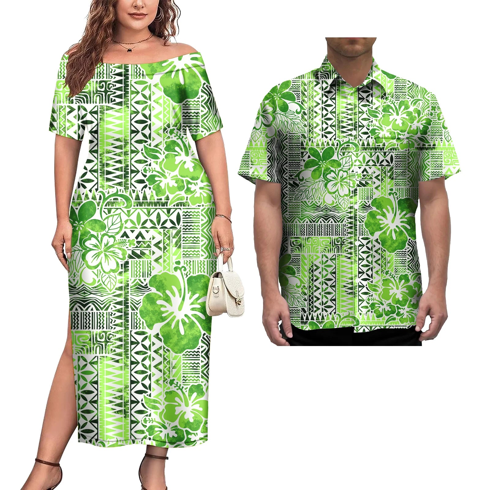 Couple Outfit 2Pcs Sets Ladies Evening Dresses Polynesian Pattern Design Classic Mens Hawaiian Shirts Match Women Plus Size Dres