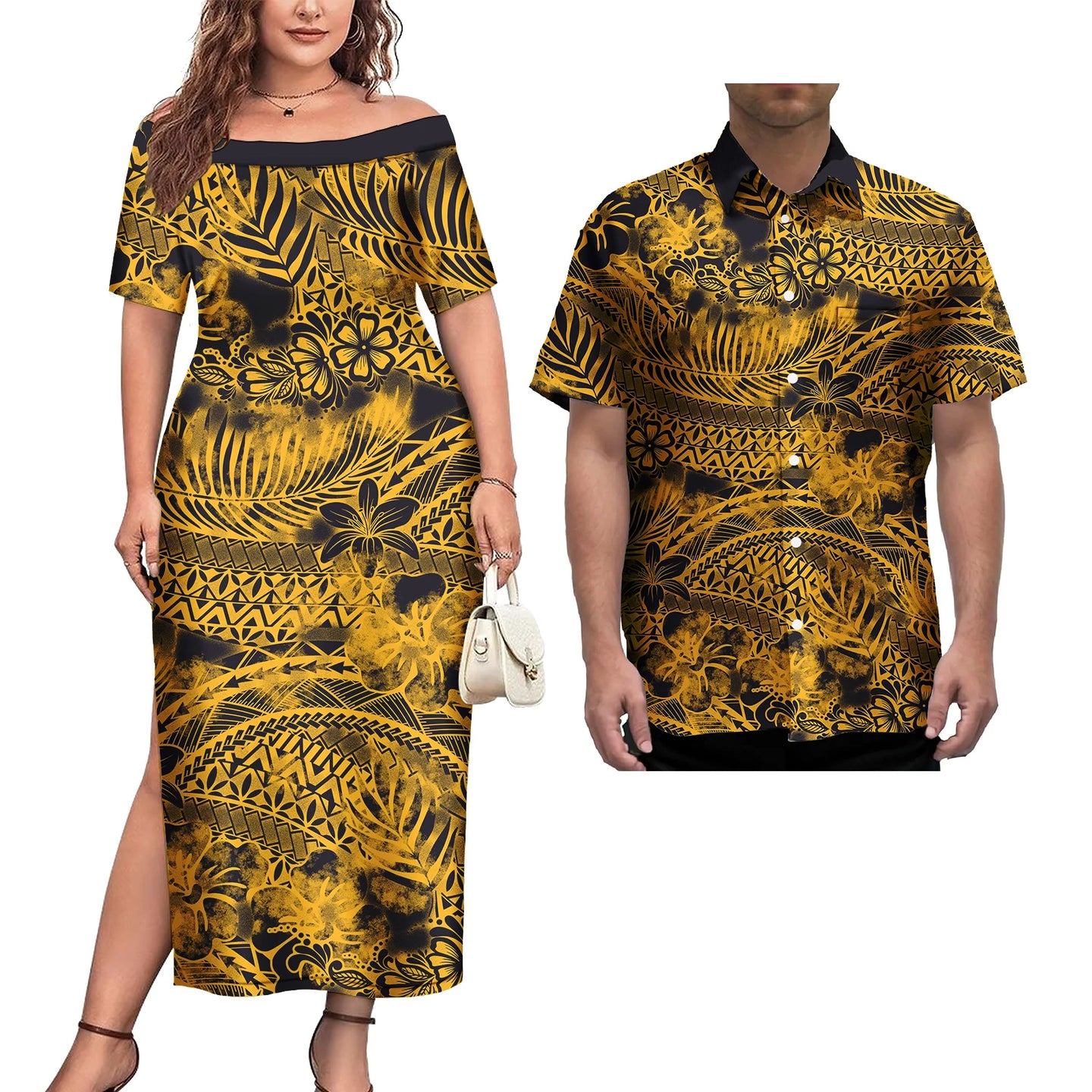 Couple Outfit 2Pcs Sets Ladies Evening Dresses Polynesian Pattern Design Classic Mens Hawaiian Shirts Match Women Plus Size Dres