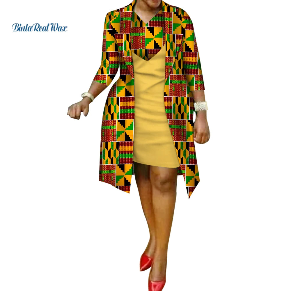 African Print Dress and Suit Coat for Women Cotton 2 Pieces Sets Traditional African Women Clothing Outwear WY586