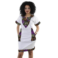 Original Design African Couture Women’s V Neck Dress Patchwork White Dresses Tailored Ankara Outfit Traditional Party Garment