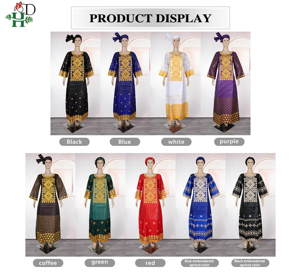 H&D African Women's Dresses Embroidery Bazin Riche Dress Plus Size Wedding Bubu Gowns Elegant Kaftan Boubou Djellaba Clothes