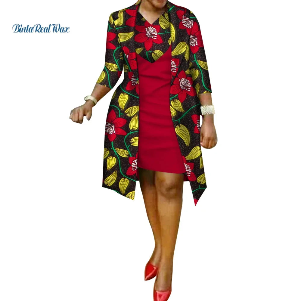 African Print Dress and Suit Coat for Women Cotton 2 Pieces Sets Traditional African Women Clothing Outwear WY586