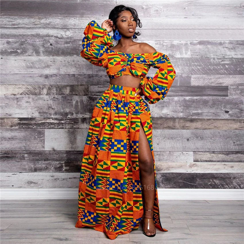 African Dresses for Women Autumn 2-piece Set Lady Full Sleeve Shoulder Off Festher Dashiki Print Split Skirts Africna Clothes