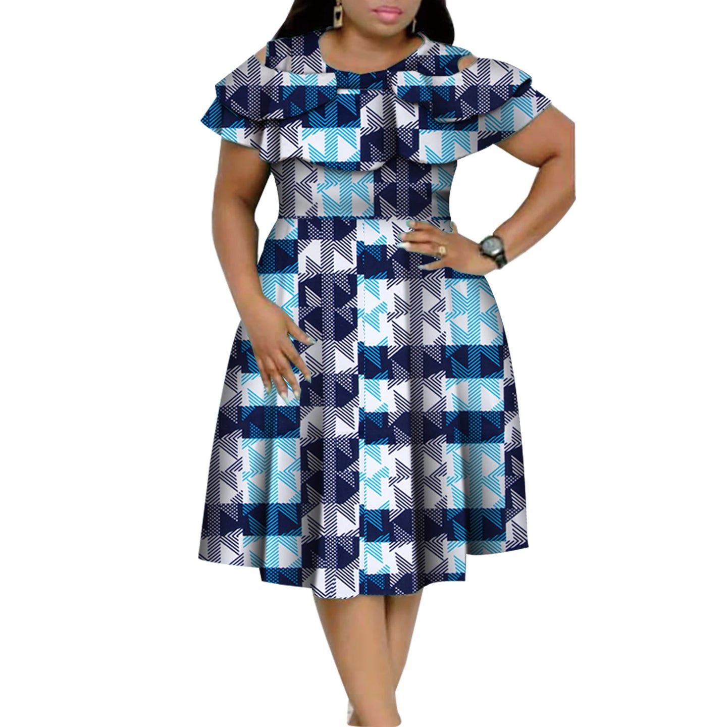 New Bazin Riche African Ruffles Collar Dresses for Women Dashiki Print Pearls Dresses Vestidos Women African Clothing WY4401