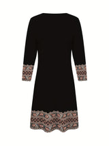 2D Print Ethnic Elegant Vacation Abstract Painting Plant Flower Leaf Regular Round Geometric Full-Body Print Breathable Print V-Neck Capri Sleeve T-Shirt Dress, New Casual Skirt, Autumn Winter Women's Top, Midi A-Line Half Sl