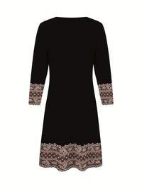 2D Print Ethnic Elegant Vacation Abstract Painting Plant Flower Leaf Regular Round Geometric Full-Body Print Breathable Print V-Neck Capri Sleeve T-Shirt Dress, New Casual Skirt, Autumn Winter Women's Top, Midi A-Line Half Sl