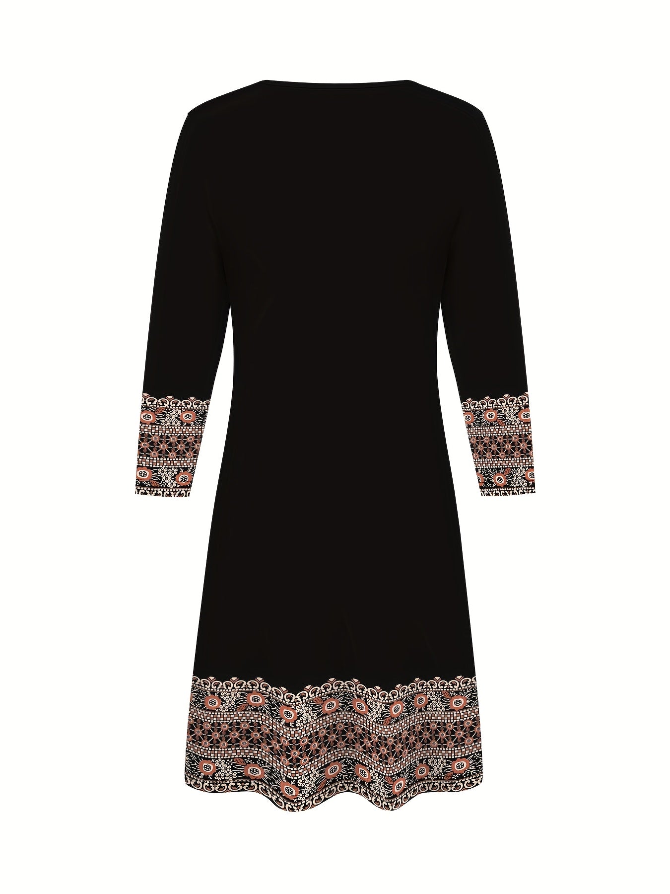 2D Print Ethnic Elegant Vacation Abstract Painting Plant Flower Leaf Regular Round Geometric Full-Body Print Breathable Print V-Neck Capri Sleeve T-Shirt Dress, New Casual Skirt, Autumn Winter Women's Top, Midi A-Line Half Sl