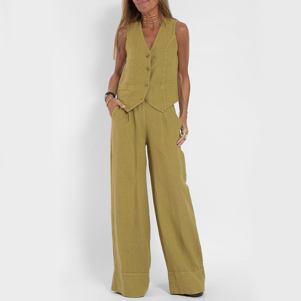 Summer Vest Suits V-neck Botton Sleeveless Top And Loose Straight Trousers Casual Womens Clothing - Ever Bloom Now