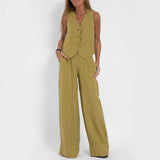 Summer Vest Suits V-neck Botton Sleeveless Top And Loose Straight Trousers Casual Womens Clothing - Ever Bloom Now