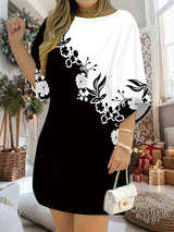 Women'S 3D Printed Floral & Abstract Art Dress - All-Over Print Round Neck Short Sleeve A-Line Silhouette, & Ink-Wash Painting Design, Comfortable Casual to Party Wear, Versatile All-Season Fitted Dress for Women, Easy-Care F