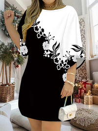 Women'S 3D Printed Floral & Abstract Art Dress - All-Over Print Round Neck Short Sleeve A-Line Silhouette, & Ink-Wash Painting Design, Comfortable Casual to Party Wear, Versatile All-Season Fitted Dress for Women, Easy-Care F