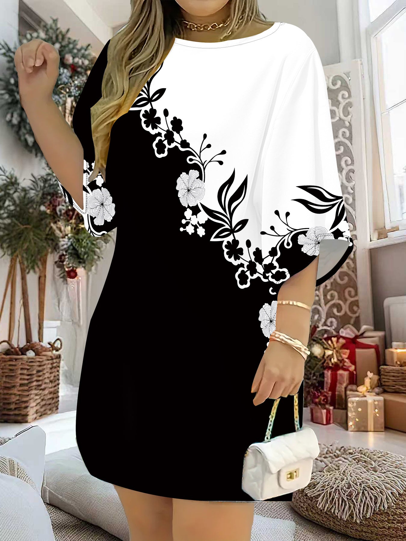 Women'S 3D Printed Floral & Abstract Art Dress - All-Over Print Round Neck Short Sleeve A-Line Silhouette, & Ink-Wash Painting Design, Comfortable Casual to Party Wear, Versatile All-Season Fitted Dress for Women, Easy-Care F