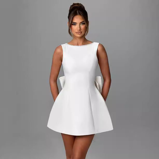 Fashion Big-Bowed Pearls Backless Dress Summer Slim Sleeveless A-line Dresses For Party Evening Women's Clothing - Ever Bloom Now