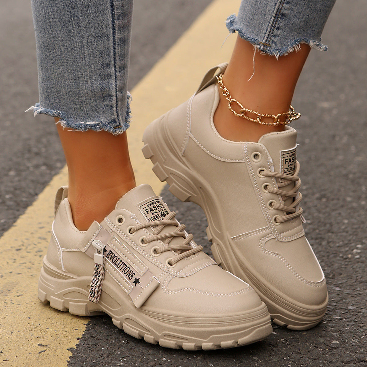 Lace-up Sports Shoes With Side-Zipper Design Fashion Thick-soled Round-toe Casual Shoes For Women Sneakers - Ever Bloom Now