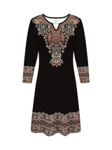 2D Print Ethnic Elegant Vacation Abstract Painting Plant Flower Leaf Regular Round Geometric Full-Body Print Breathable Print V-Neck Capri Sleeve T-Shirt Dress, New Casual Skirt, Autumn Winter Women's Top, Midi A-Line Half Sl