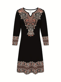 2D Print Ethnic Elegant Vacation Abstract Painting Plant Flower Leaf Regular Round Geometric Full-Body Print Breathable Print V-Neck Capri Sleeve T-Shirt Dress, New Casual Skirt, Autumn Winter Women's Top, Midi A-Line Half Sl