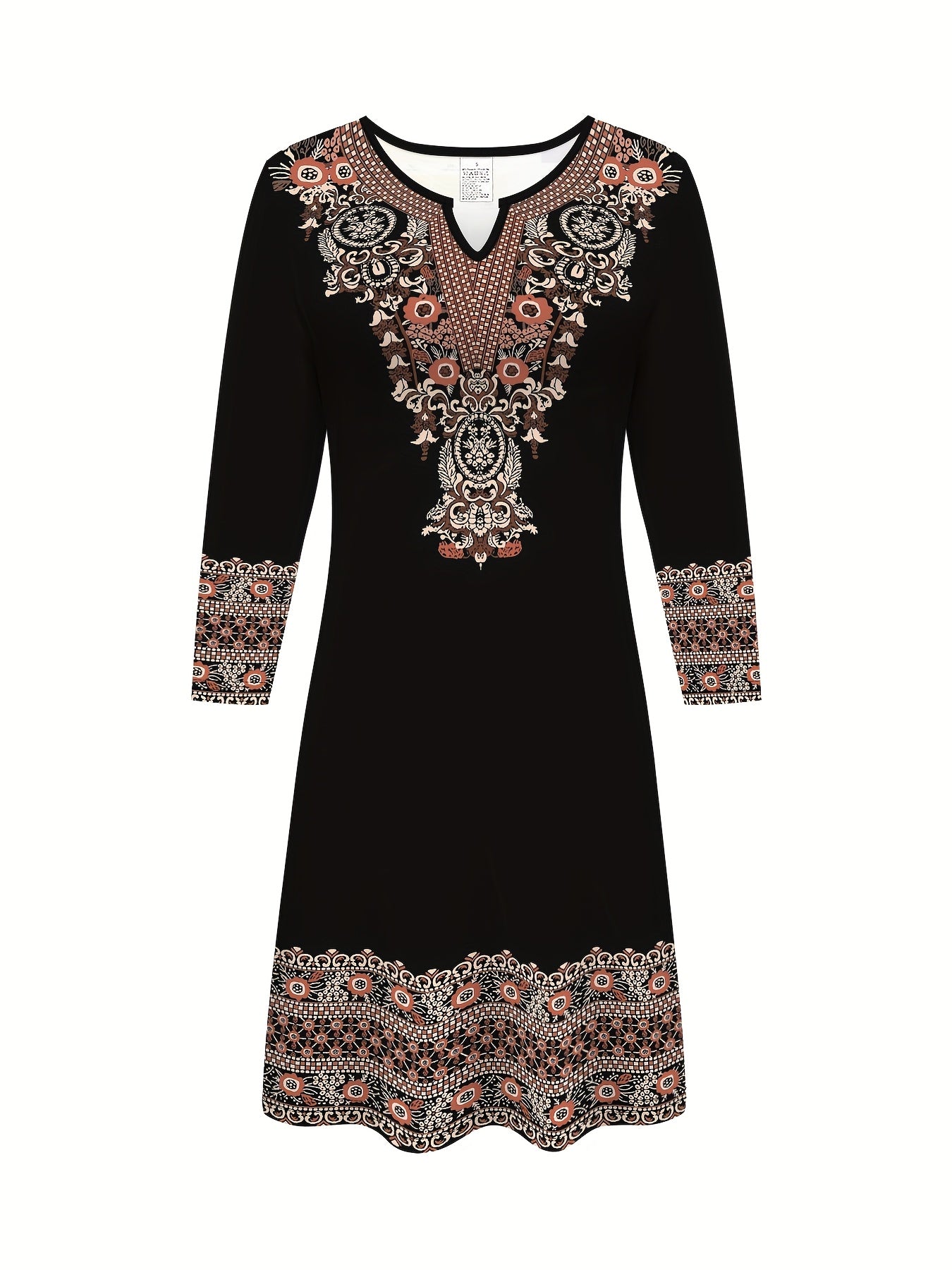 2D Print Ethnic Elegant Vacation Abstract Painting Plant Flower Leaf Regular Round Geometric Full-Body Print Breathable Print V-Neck Capri Sleeve T-Shirt Dress, New Casual Skirt, Autumn Winter Women's Top, Midi A-Line Half Sl