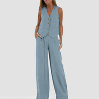 Summer Vest Suits V-neck Botton Sleeveless Top And Loose Straight Trousers Casual Womens Clothing - Ever Bloom Now
