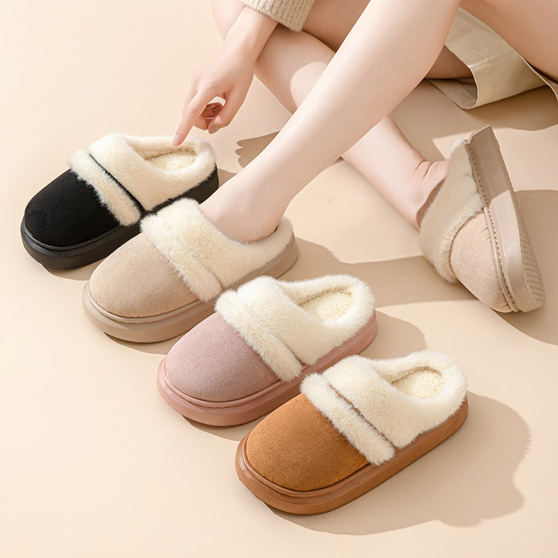 Fashion Warm Cotton Slippers For Women Leisure Thick Bottom Non-slip Plus-velvet House Shoes Winter Bedroom Floor Suede Slipper - Ever Bloom Now