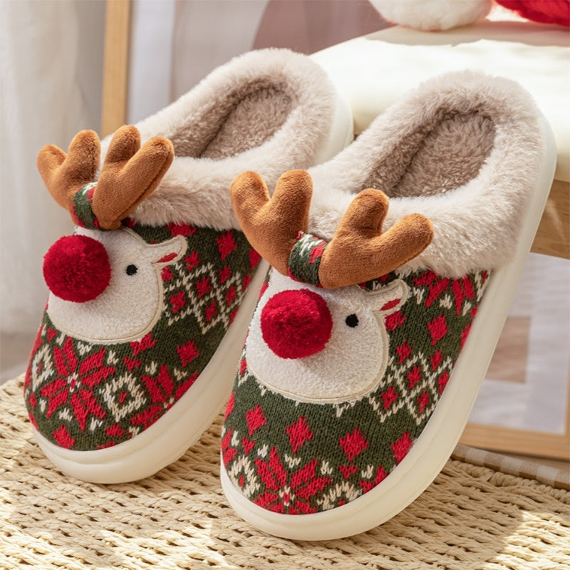 Cute Christmas Elk Plush Slippers Winter Ins Fashion Non-slip Floor Bedroom Home Slippers For Women Fuzzy House Shoes - Ever Bloom Now