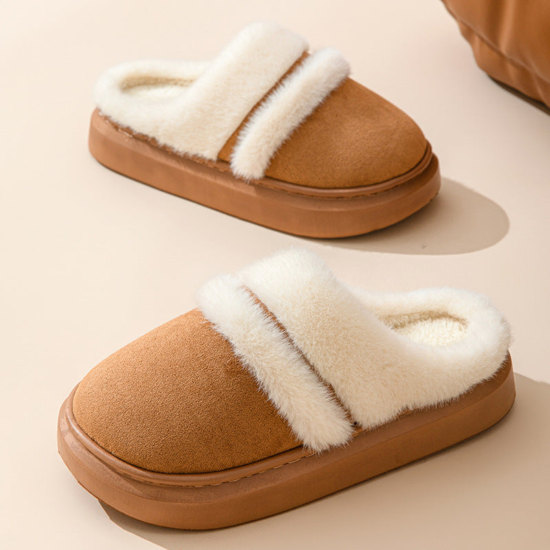 Fashion Warm Cotton Slippers For Women Leisure Thick Bottom Non-slip Plus-velvet House Shoes Winter Bedroom Floor Suede Slipper - Ever Bloom Now