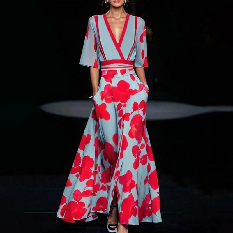 Summer V-neck Split Short-sleeved Dress Fashion Flower Print A-line Long Dresses Party Club Beach Clothing For Women - Ever Bloom Now