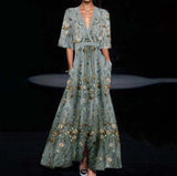 Summer V-neck Split Short-sleeved Dress Fashion Flower Print A-line Long Dresses Party Club Beach Clothing For Women - Ever Bloom Now