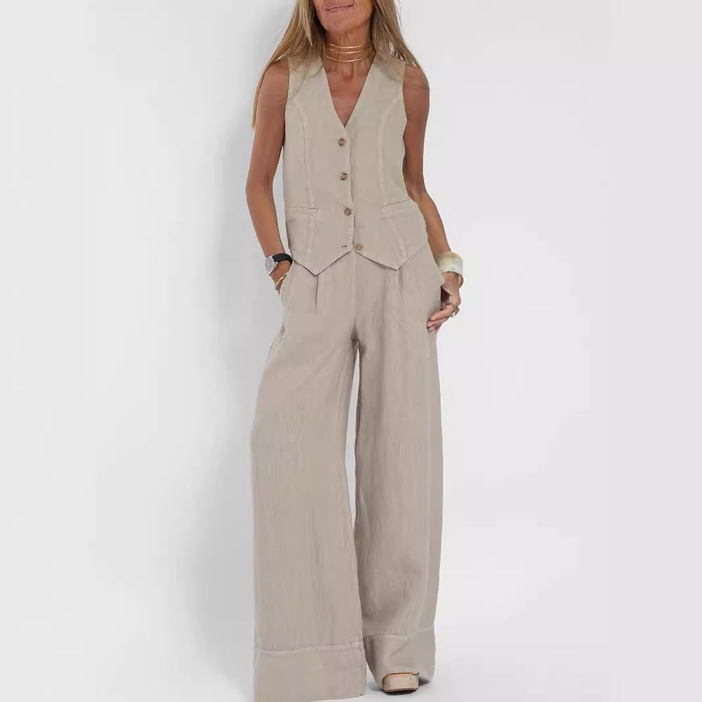 Summer Vest Suits V-neck Botton Sleeveless Top And Loose Straight Trousers Casual Womens Clothing - Ever Bloom Now