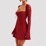 Y2K Lace Long Sleeve Dress Fashion Sexy Corset Backless Lace Up Short Dresses Womens Clothing - Ever Bloom Now